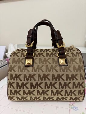Michael Kors Beige and Brown MK Monogram Satchel